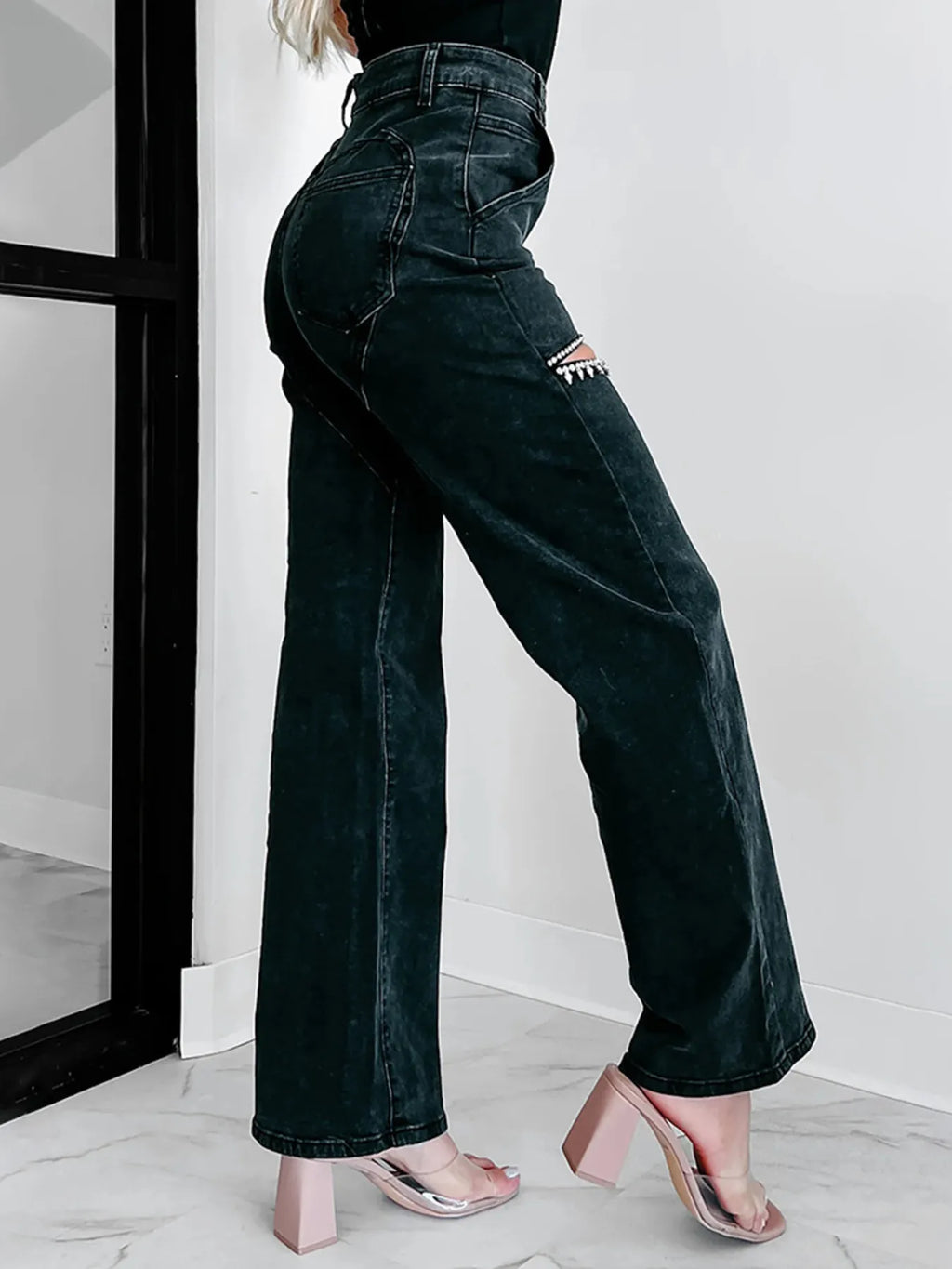 Ripped Wide Leg Wash Denim Jeans
