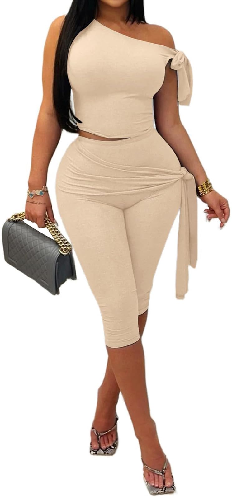 Womens 2 Piece Outfits Sexy Off One Shoulder Sleeveless Crop Top Bodycon Capri Pants Tracksuit Sets Clubwear