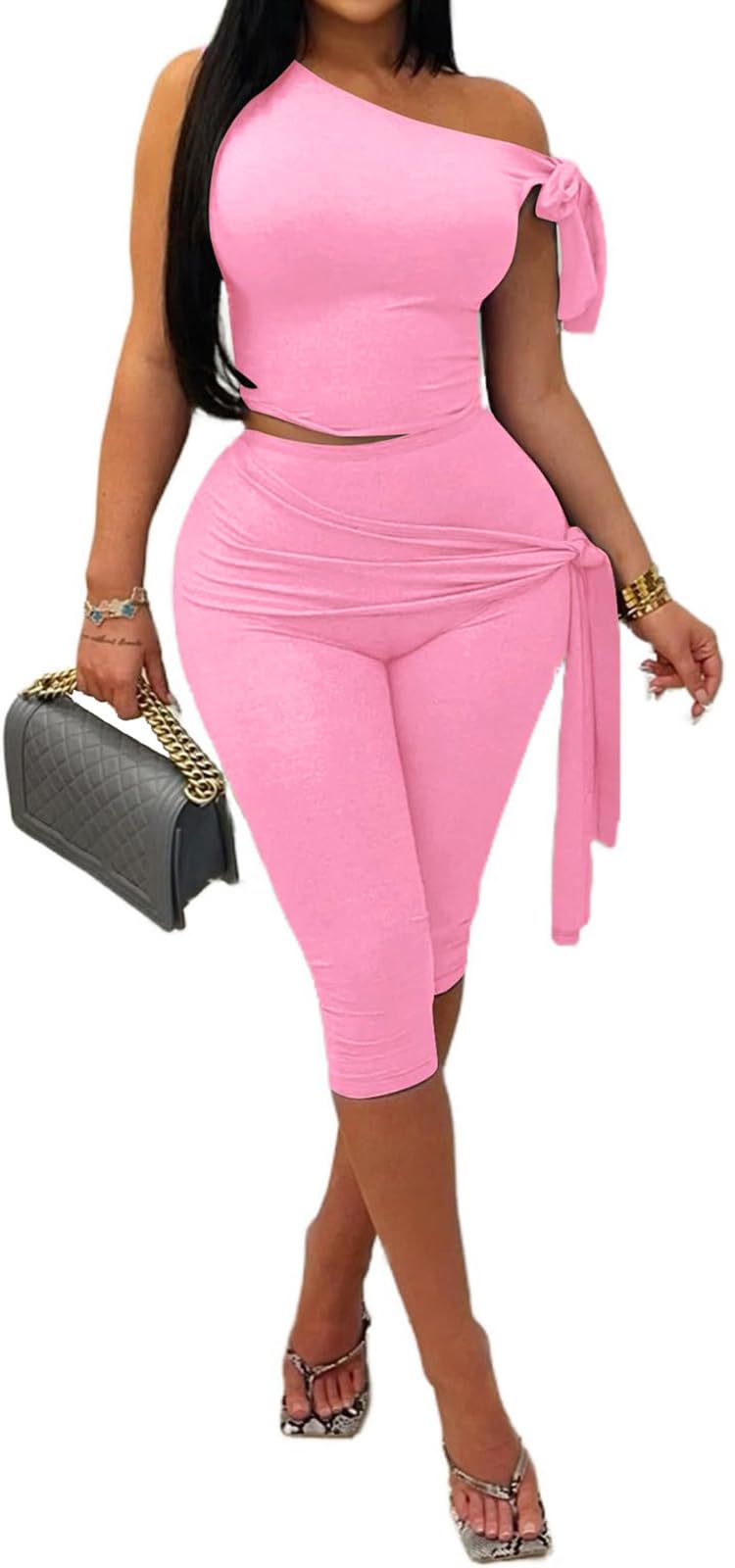 Womens 2 Piece Outfits Sexy Off One Shoulder Sleeveless Crop Top Bodycon Capri Pants Tracksuit Sets Clubwear
