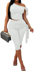 Womens 2 Piece Outfits Sexy Off One Shoulder Sleeveless Crop Top Bodycon Capri Pants Tracksuit Sets Clubwear