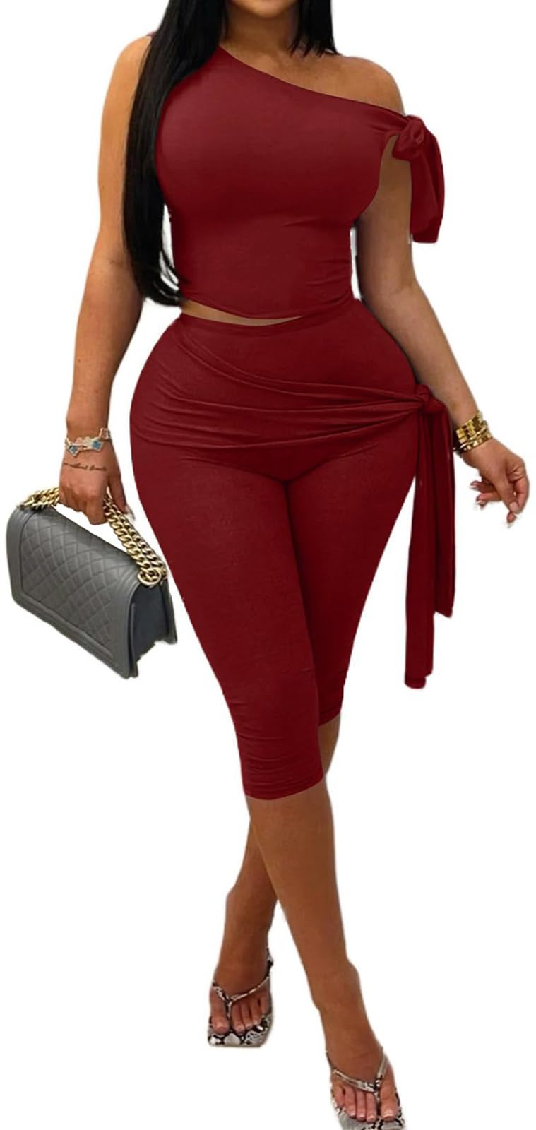 Womens 2 Piece Outfits Sexy Off One Shoulder Sleeveless Crop Top Bodycon Capri Pants Tracksuit Sets Clubwear