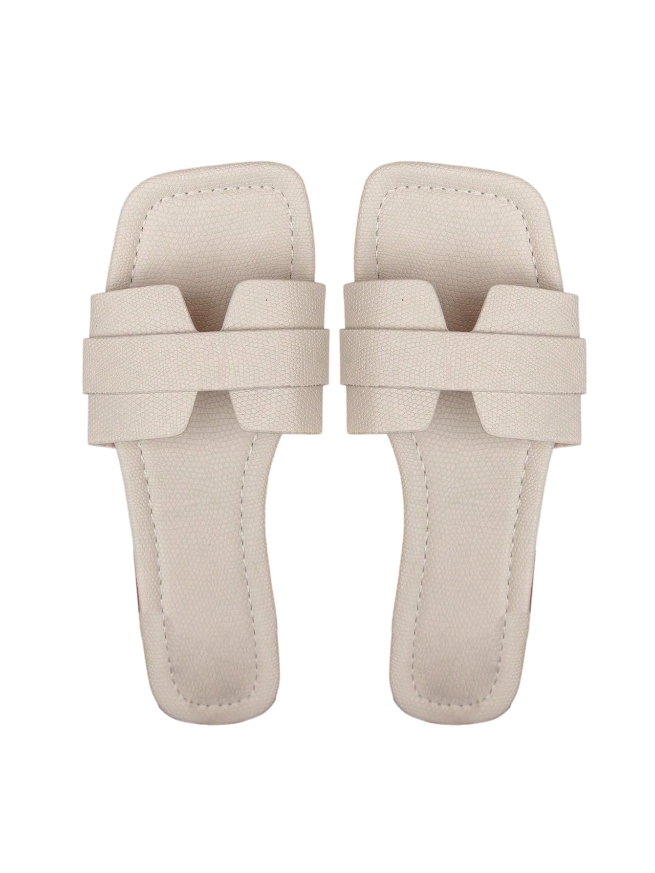 OYOANGLE Women's PU Leather Dressy Flat Sandals Square Open Toe Slip on Summer Slide Shoes