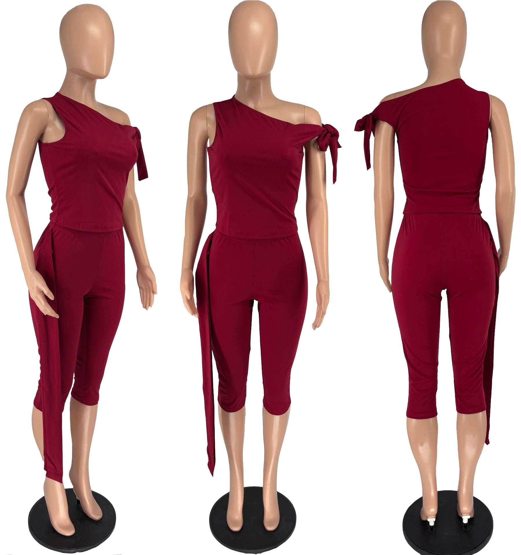 Womens 2 Piece Outfits Sexy Off One Shoulder Sleeveless Crop Top Bodycon Capri Pants Tracksuit Sets Clubwear