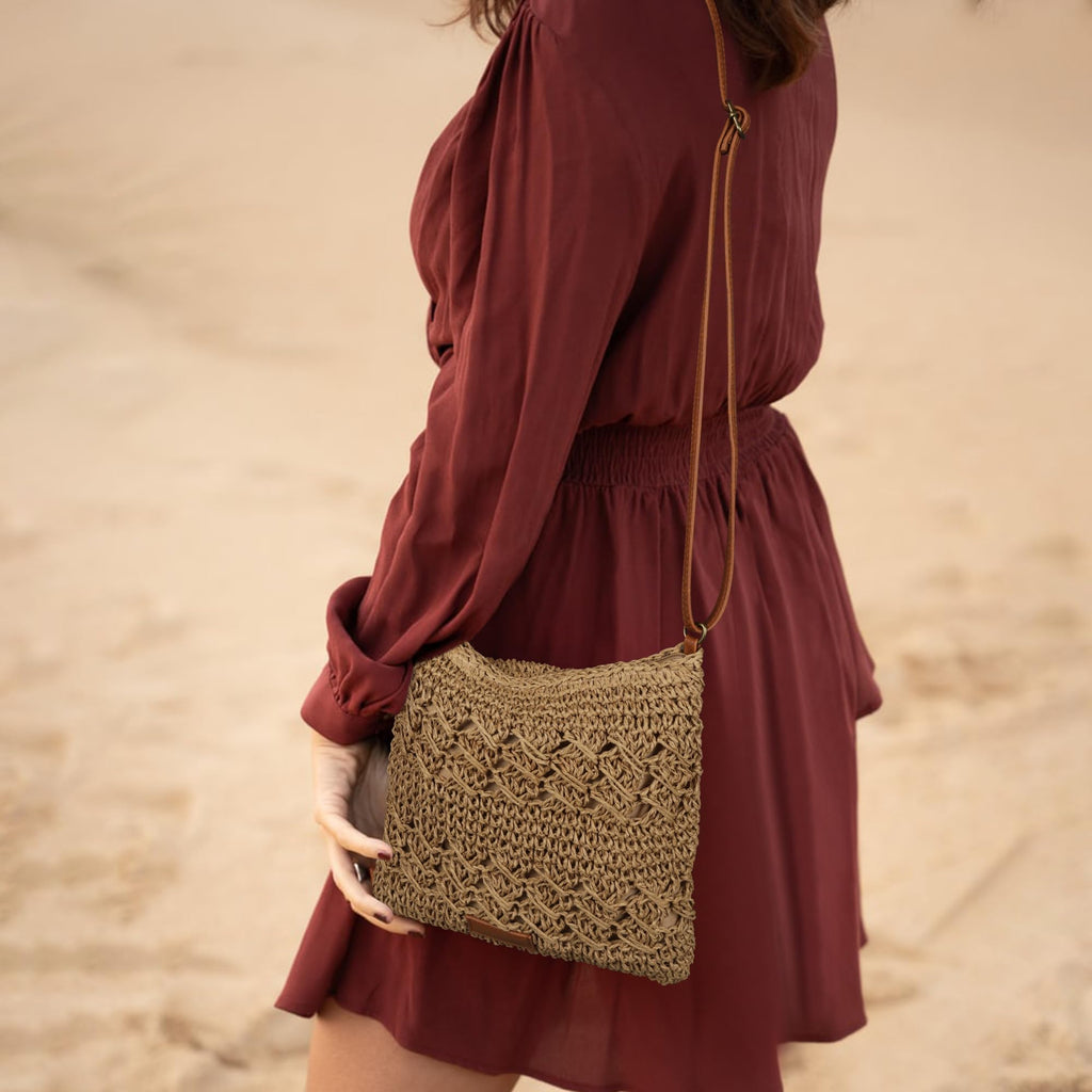 Womens Crochet Mesh Straw Beach Bag Woven Crossbody Shoulder Bag Summer Beach Vacation Purse