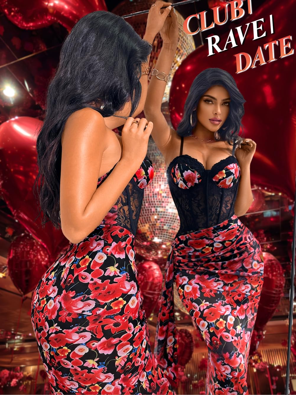 ChiaoLezhee Women's Sexy Lace Bustier Maxi Dress, Built-in Bra Underwire Corset Bodycon Clubwear Festival Outfits