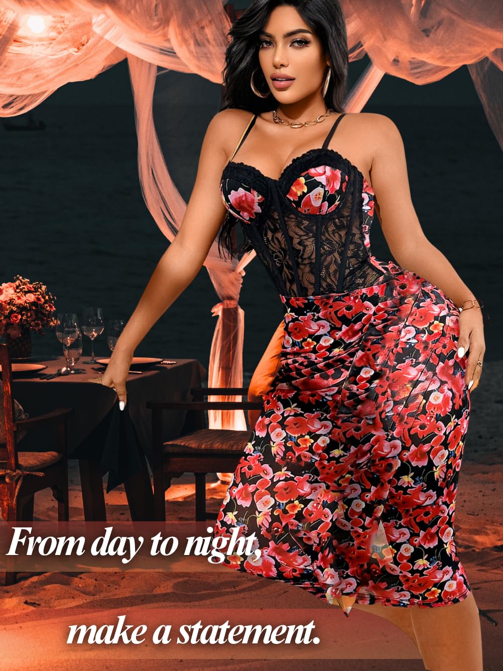 ChiaoLezhee Women's Sexy Lace Bustier Maxi Dress, Built-in Bra Underwire Corset Bodycon Clubwear Festival Outfits