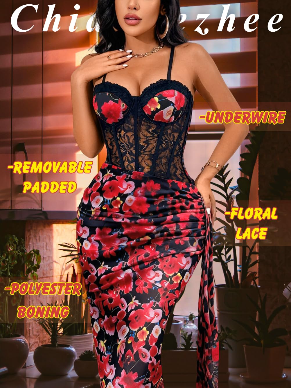 ChiaoLezhee Women's Sexy Lace Bustier Maxi Dress, Built-in Bra Underwire Corset Bodycon Clubwear Festival Outfits