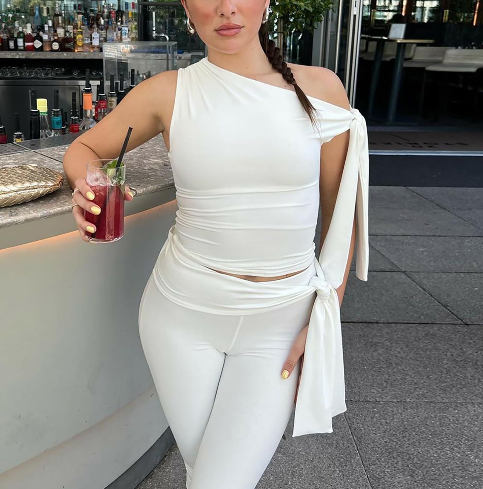 Womens 2 Piece Outfits Sexy Off One Shoulder Sleeveless Crop Top Bodycon Capri Pants Tracksuit Sets Clubwear
