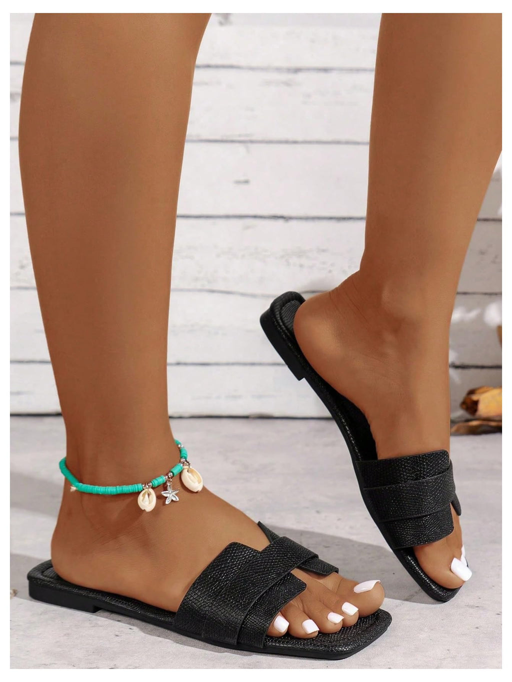 OYOANGLE Women's PU Leather Dressy Flat Sandals Square Open Toe Slip on Summer Slide Shoes