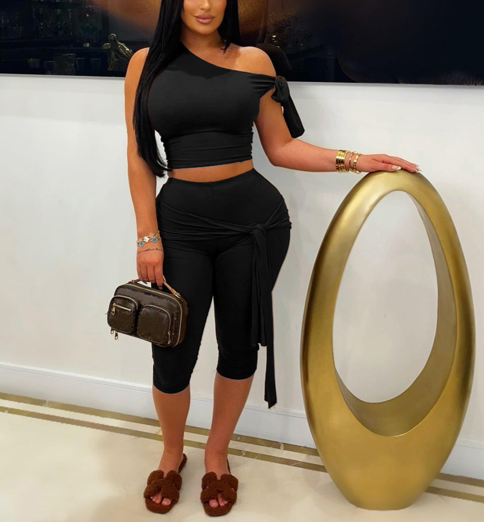 Womens 2 Piece Outfits Sexy Off One Shoulder Sleeveless Crop Top Bodycon Capri Pants Tracksuit Sets Clubwear