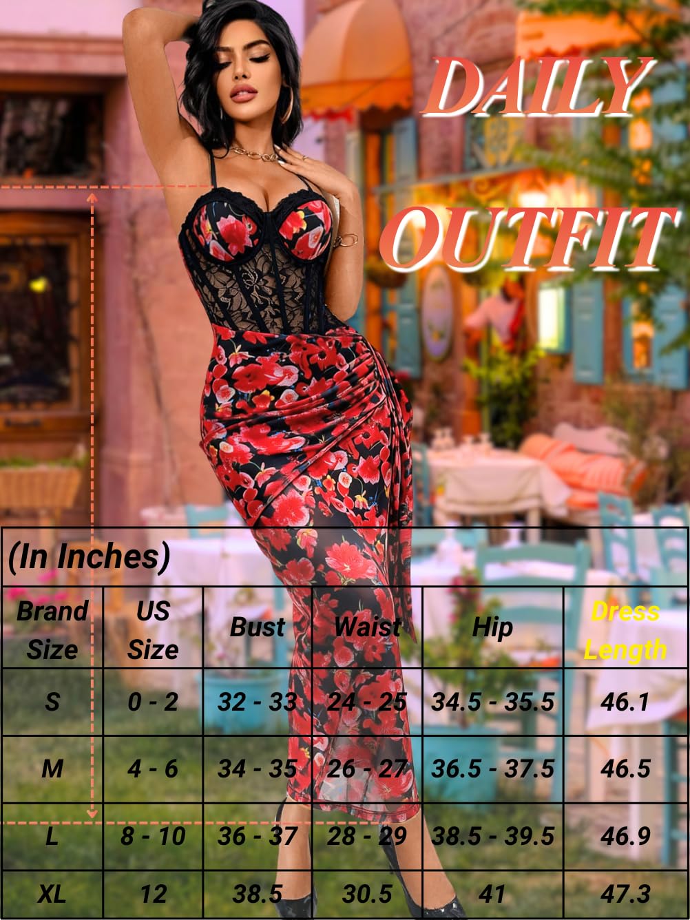 ChiaoLezhee Women's Sexy Lace Bustier Maxi Dress, Built-in Bra Underwire Corset Bodycon Clubwear Festival Outfits