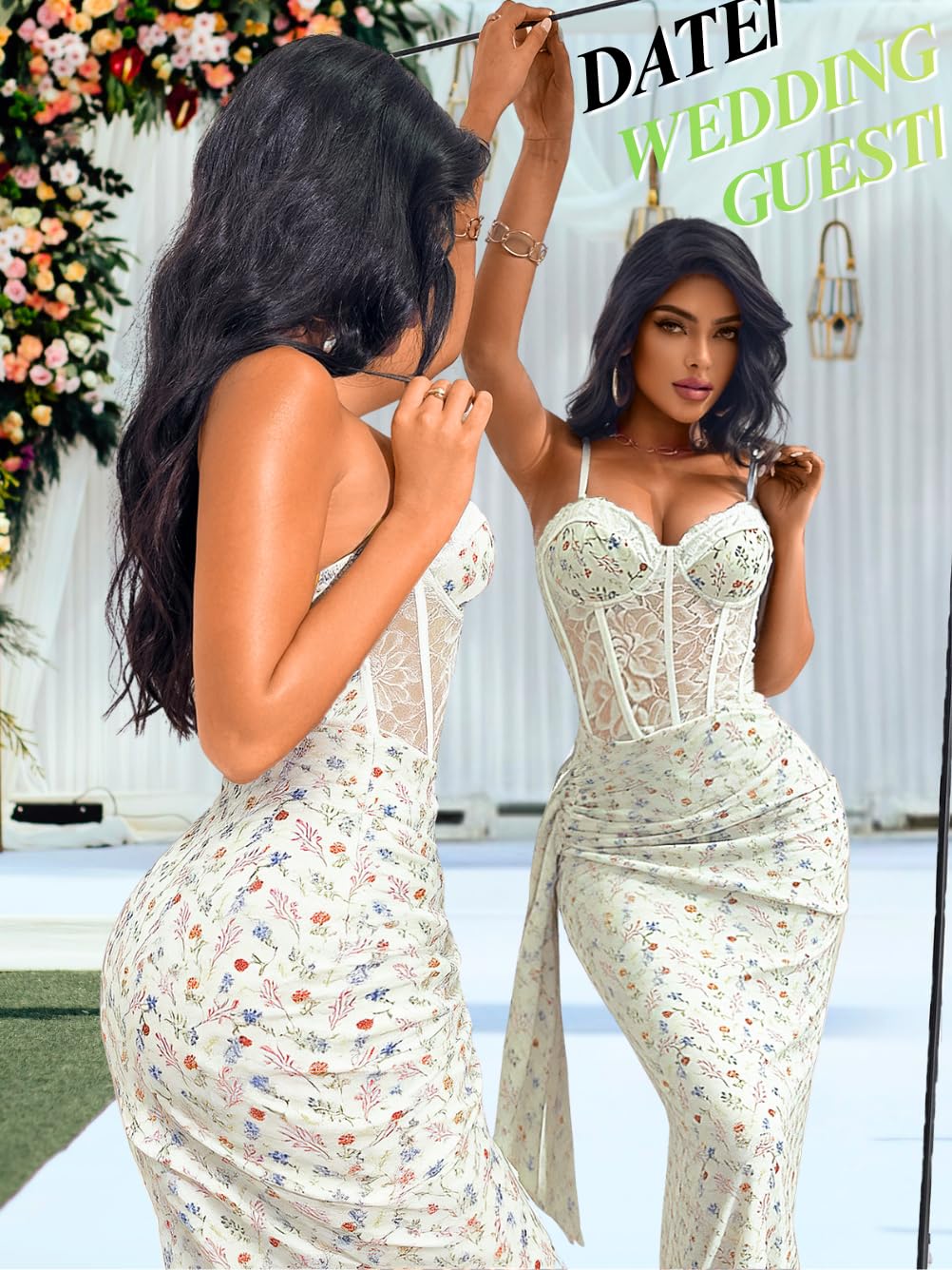 ChiaoLezhee Women's Sexy Lace Bustier Maxi Dress, Built-in Bra Underwire Corset Bodycon Clubwear Festival Outfits