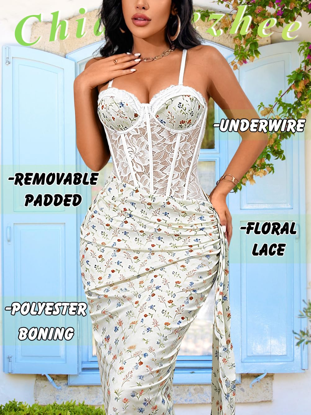 ChiaoLezhee Women's Sexy Lace Bustier Maxi Dress, Built-in Bra Underwire Corset Bodycon Clubwear Festival Outfits