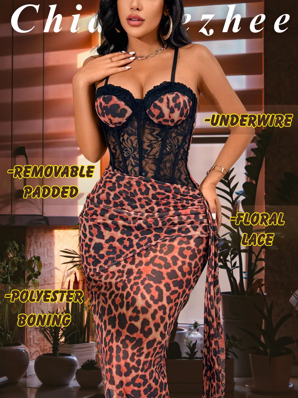 ChiaoLezhee Women's Sexy Lace Bustier Maxi Dress, Built-in Bra Underwire Corset Bodycon Clubwear Festival Outfits