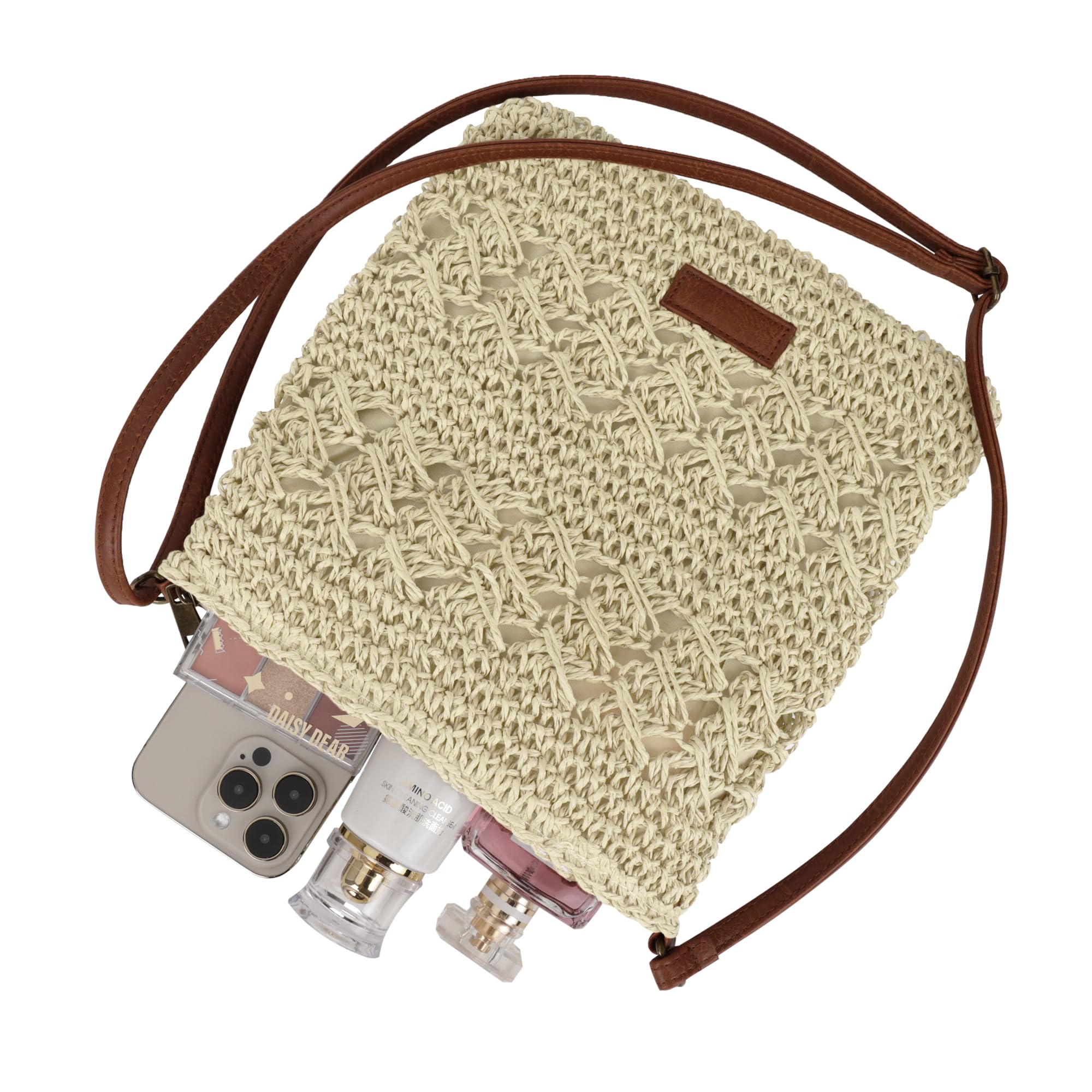 Womens Crochet Mesh Straw Beach Bag Woven Crossbody Shoulder Bag Summer Beach Vacation Purse