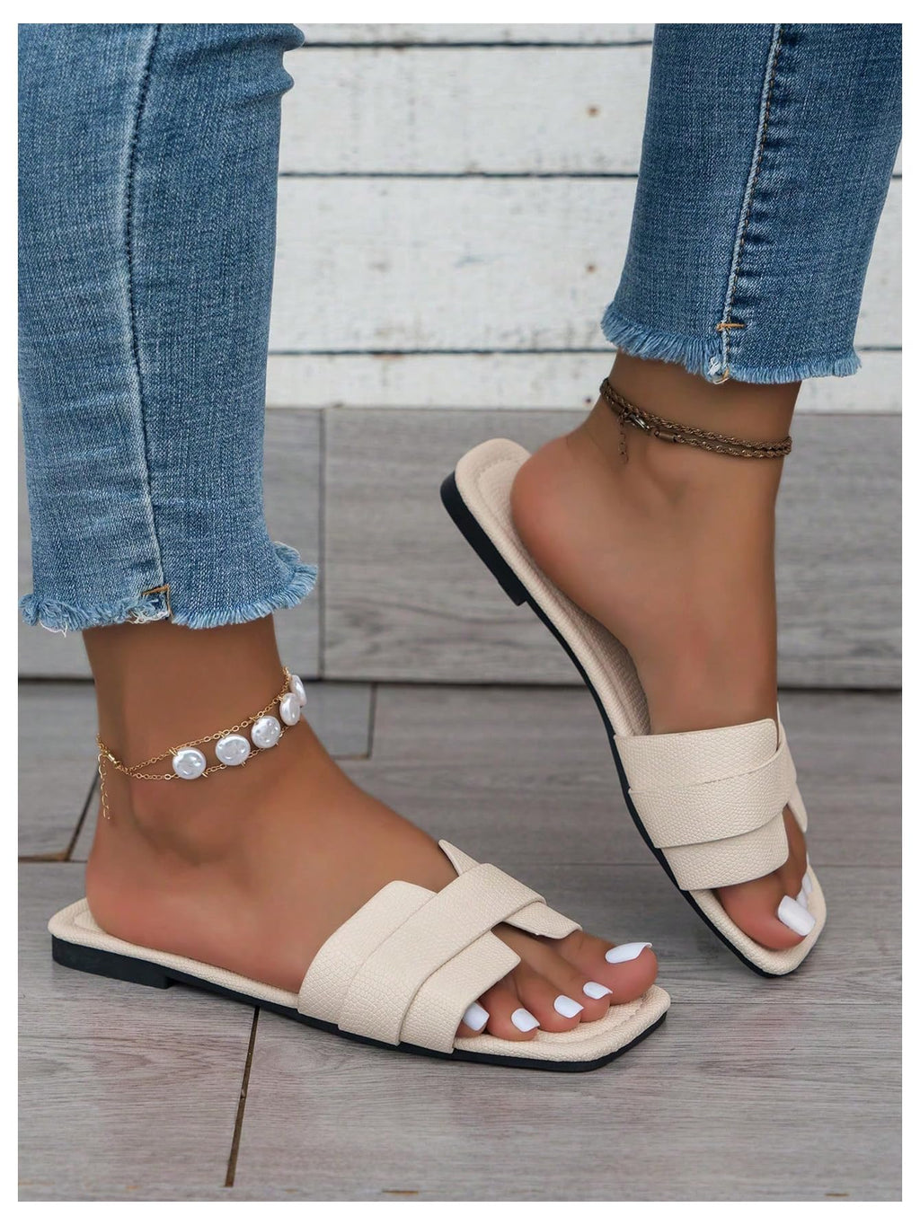 OYOANGLE Women's PU Leather Dressy Flat Sandals Square Open Toe Slip on Summer Slide Shoes