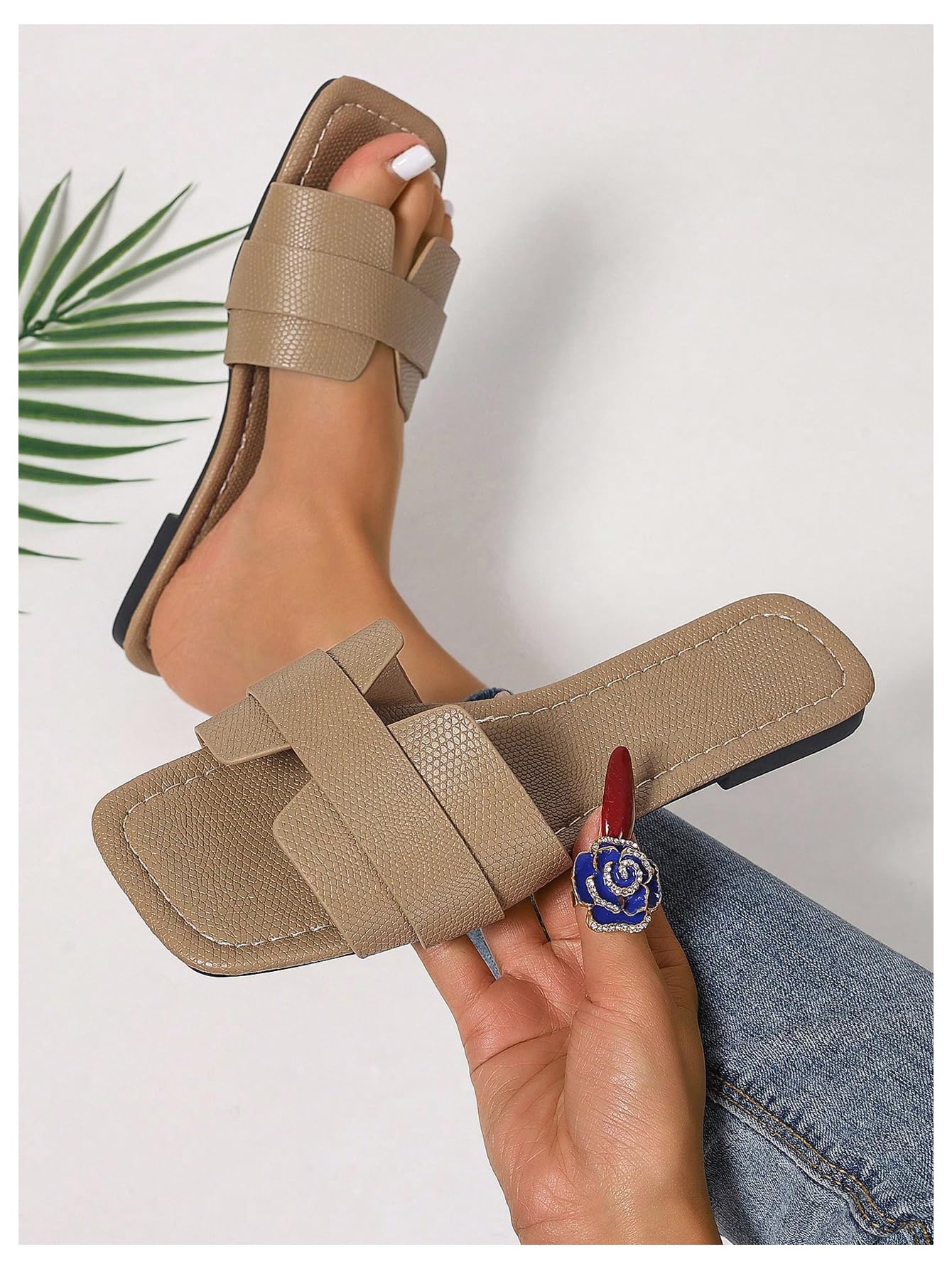 OYOANGLE Women's PU Leather Dressy Flat Sandals Square Open Toe Slip on Summer Slide Shoes
