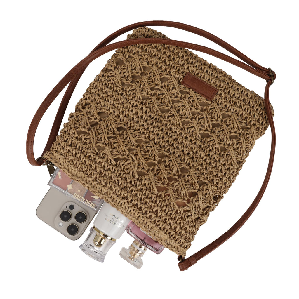 Womens Crochet Mesh Straw Beach Bag Woven Crossbody Shoulder Bag Summer Beach Vacation Purse