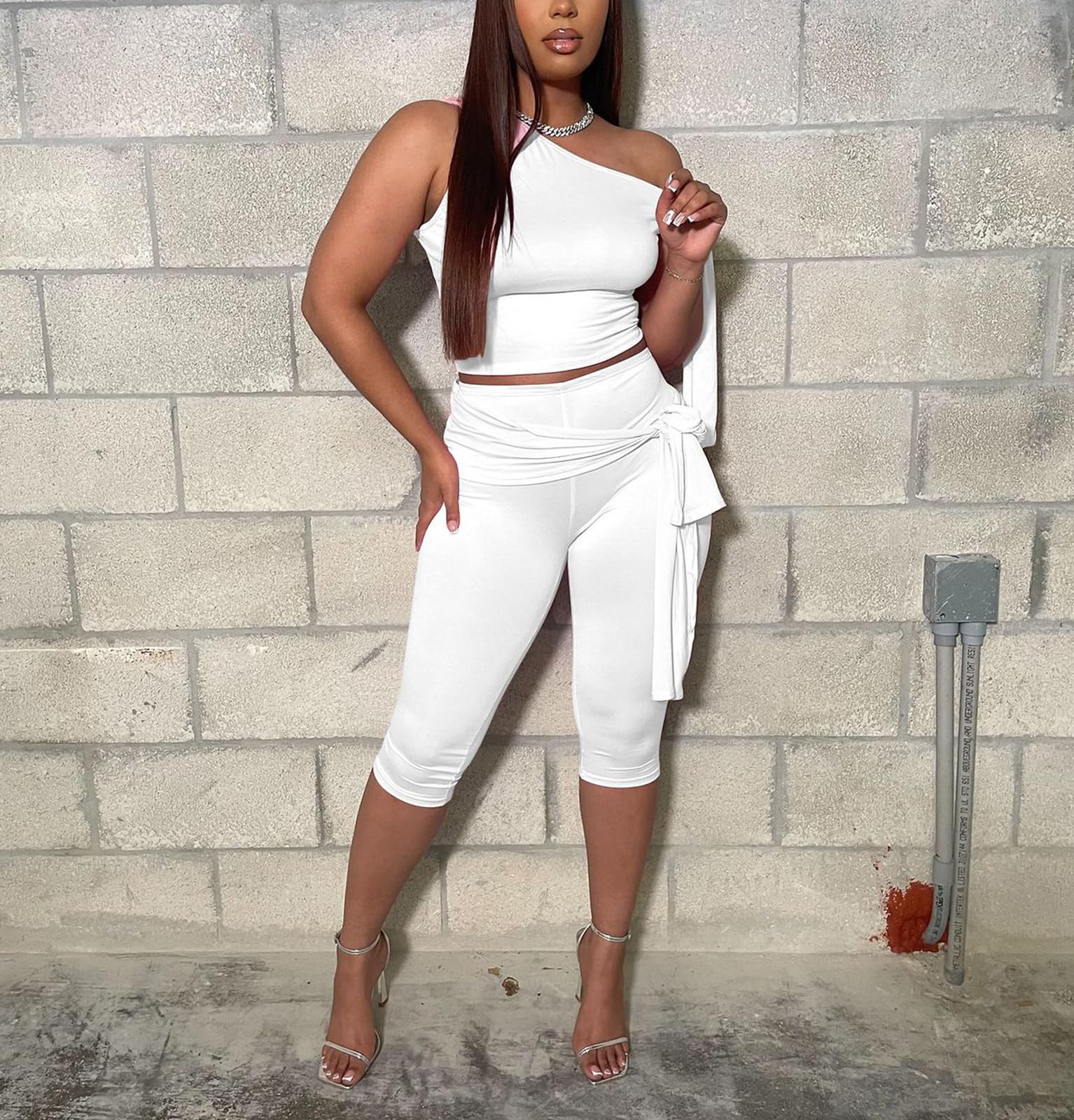 Womens 2 Piece Outfits Sexy Off One Shoulder Sleeveless Crop Top Bodycon Capri Pants Tracksuit Sets Clubwear