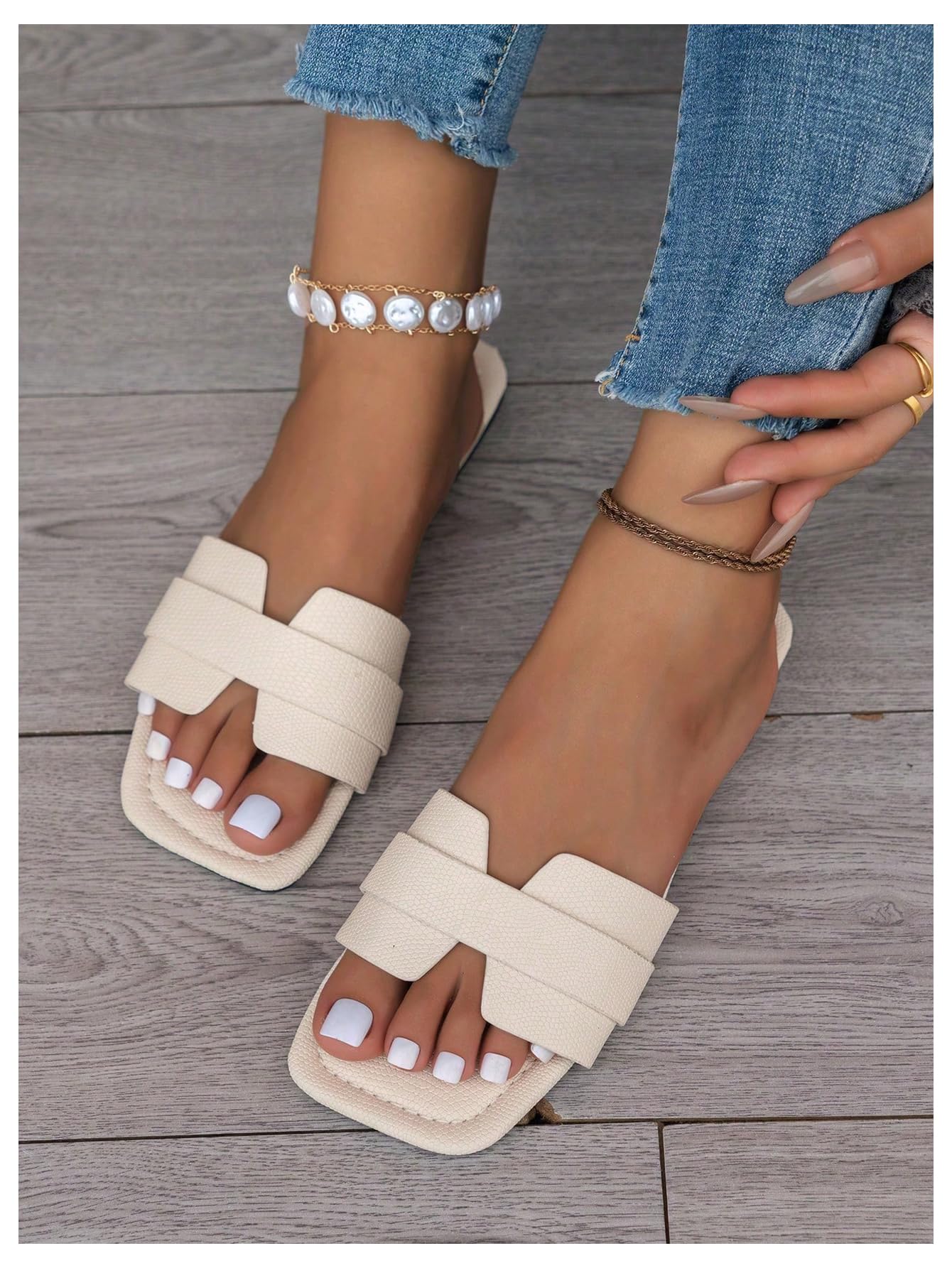 OYOANGLE Women's PU Leather Dressy Flat Sandals Square Open Toe Slip on Summer Slide Shoes