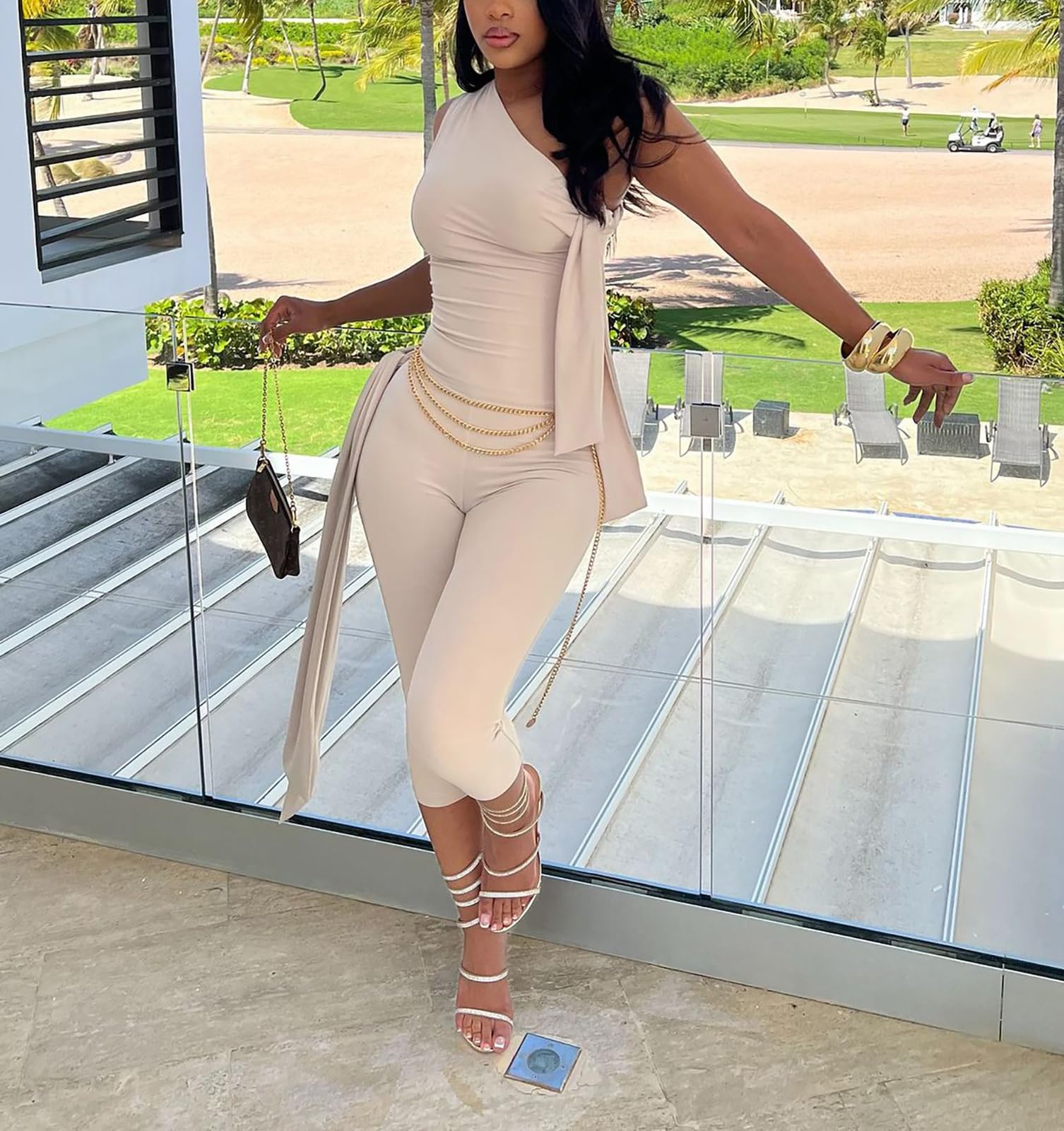 Womens 2 Piece Outfits Sexy Off One Shoulder Sleeveless Crop Top Bodycon Capri Pants Tracksuit Sets Clubwear