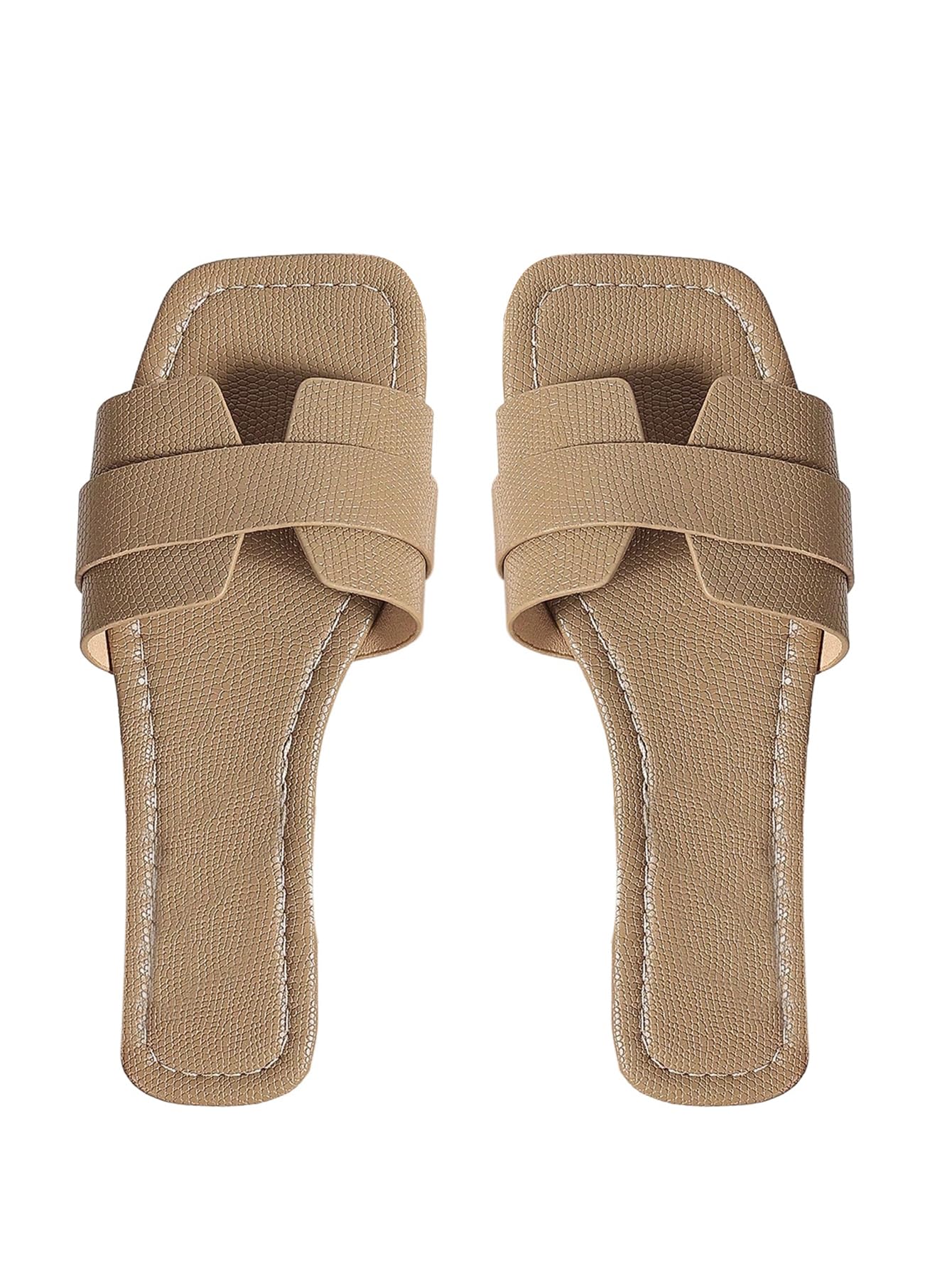 OYOANGLE Women's PU Leather Dressy Flat Sandals Square Open Toe Slip on Summer Slide Shoes