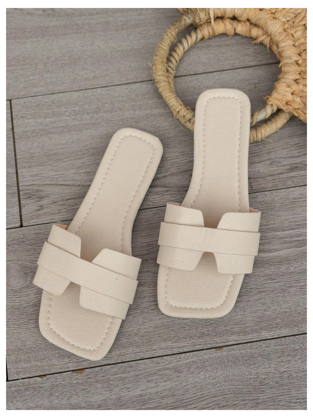 OYOANGLE Women's PU Leather Dressy Flat Sandals Square Open Toe Slip on Summer Slide Shoes