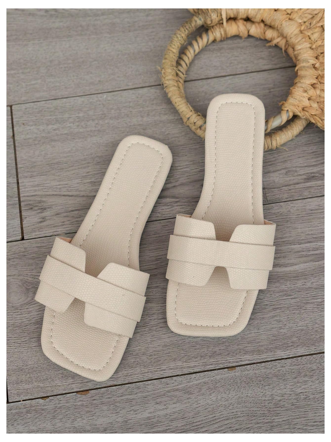 OYOANGLE Women's PU Leather Dressy Flat Sandals Square Open Toe Slip on Summer Slide Shoes