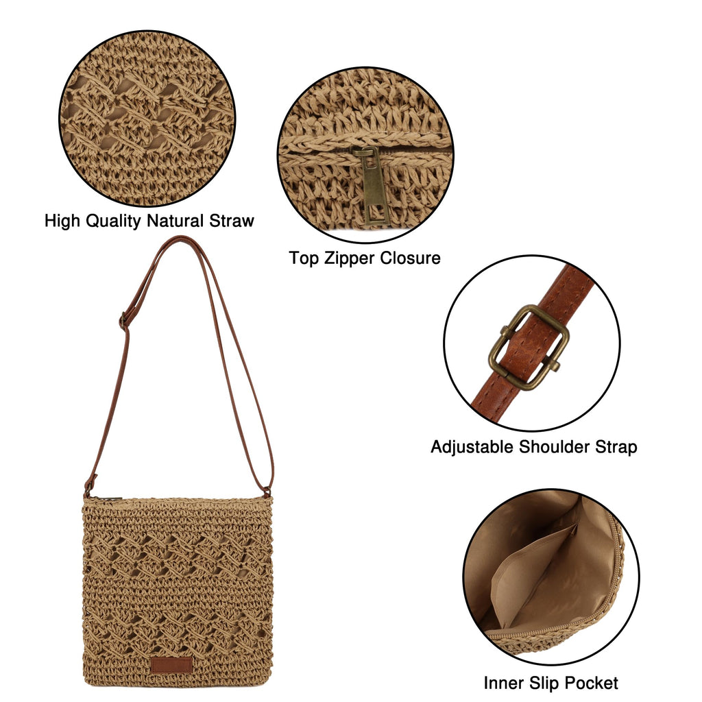 Womens Crochet Mesh Straw Beach Bag Woven Crossbody Shoulder Bag Summer Beach Vacation Purse