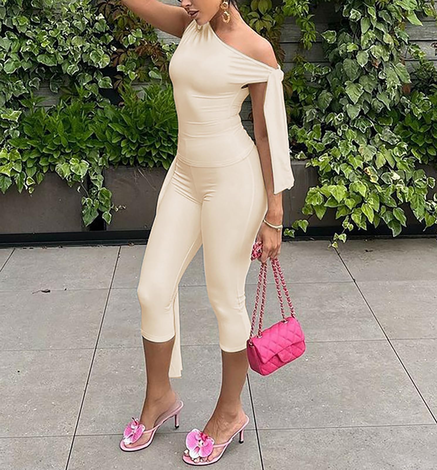 Womens 2 Piece Outfits Sexy Off One Shoulder Sleeveless Crop Top Bodycon Capri Pants Tracksuit Sets Clubwear