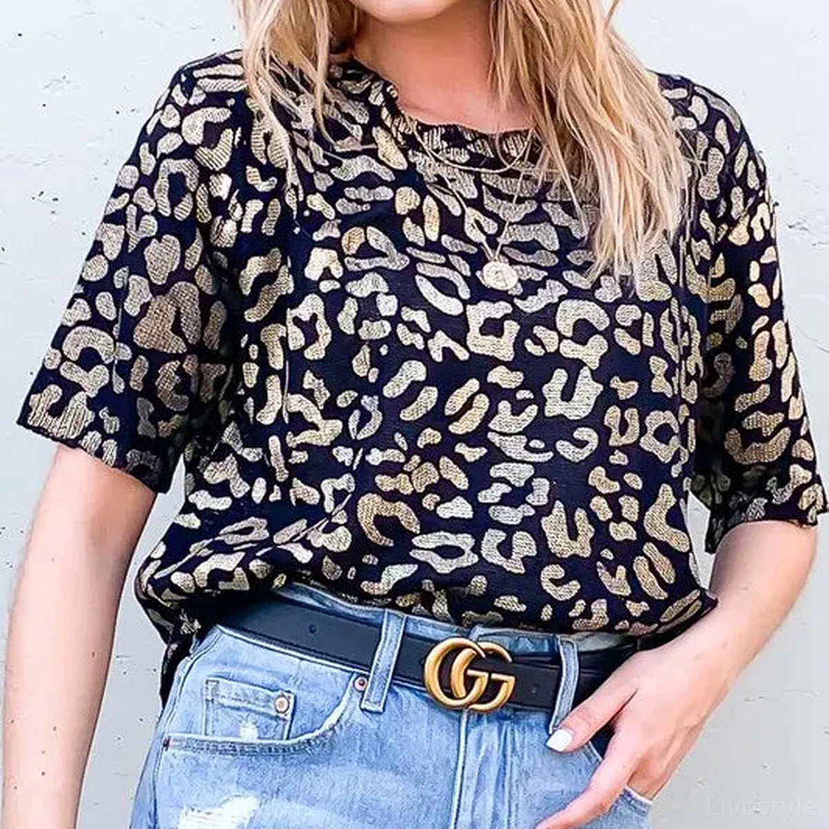 Stylish Leopard Foil-Print Half-Sleeve Summer Sweater