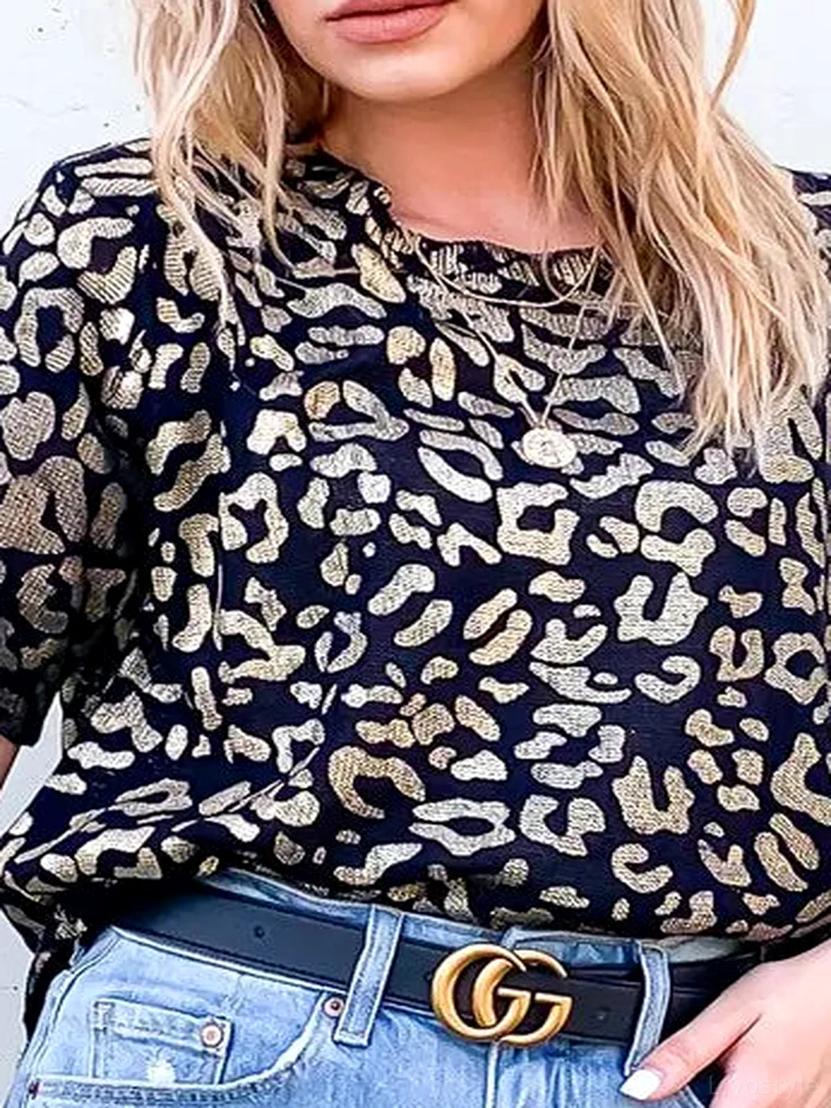 Stylish Leopard Foil-Print Half-Sleeve Summer Sweater