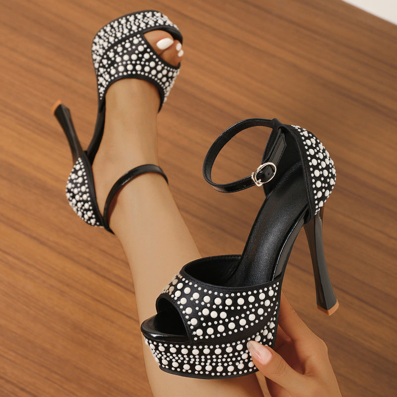 Waterproof Platform Pearl Ankle Strap Heels