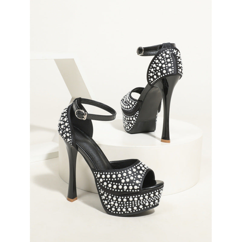 Waterproof Platform Pearl Ankle Strap Heels