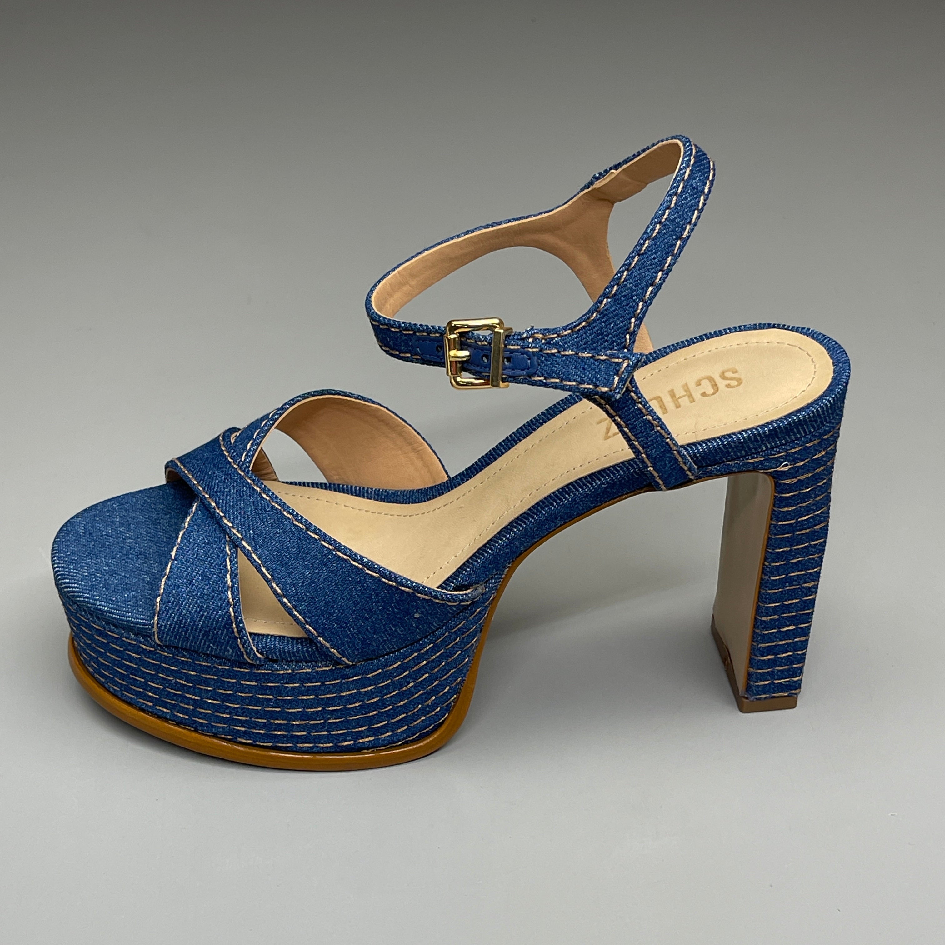 SCHUTZ Keefa Casual Denim Women's 4" Heeled Sandal Platform Blue Sz 9B (New)